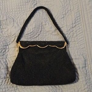 Vintage 1950s Dormar Hand Beaded Black and Gold Tone Purse-heavy
